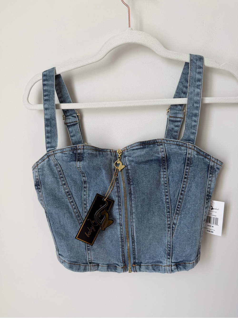 Baby phat Denim Zip Front Corset crop Top with embroidery gold detail